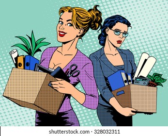 Competition work dismissal businesswoman vacancy pop art retro style. Business concept the labor market a job search in joy and sorrow