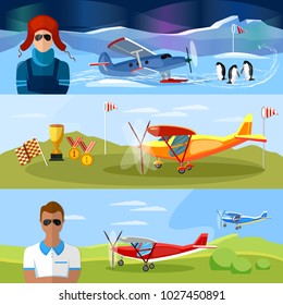 Competitions of airplanes and biplanes, excursion flights, flying school professional pilot vector. Flight on biplane banners