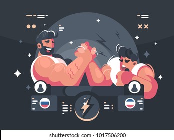 Competitions in armwrestling, two athletes compete in wrestling. Vector illustration