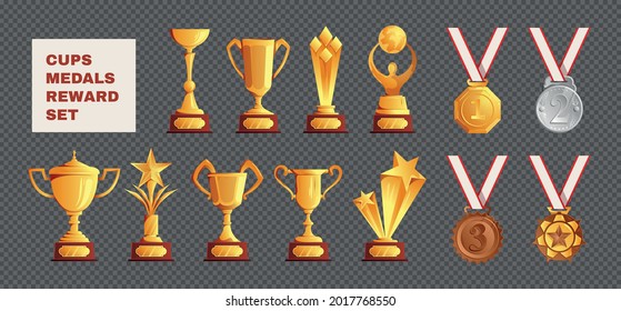 Competitions championships winner prizes trophies cups gold silver bronze medals awards rewards set transparent background vector composition