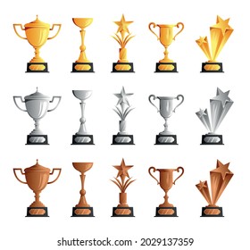 Competitions championships winners prizes awards trophies cups gold silver bronze realistic set white background isolated vector composition
