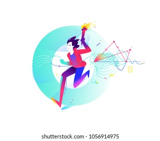 Competitions in school subjects. Illustration of a running young guy with a torch on the background of the letter O. Geometric figures. Vector flat illustration isolated on white background.