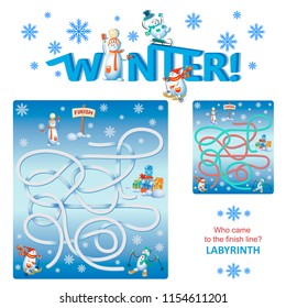 Competitions of skiers for snowmen. Labyrinth. Who came to the finish line? The design of the educational game with the inscription WINTER. Snowmen in the style of cartoon characters.