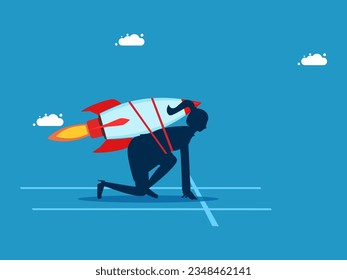 competitive advantage. Businesswoman preparing to start running with rocket 