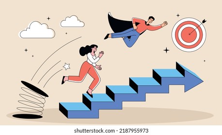 Competitive advantage concept. Woman goes up stairs to goal, man flies in superhero costume. Motivation and leadership, hardworking employees and entrepreneurs. Cartoon flat vector illustration