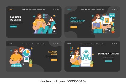 Competitive advantage dark or night mode web or landing set. Advertising and marketing business strategy. Brand recognition and market niche definition. Flat vector illustration