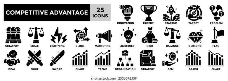 Competitive advantage icon collection set. Containing strategy, innovation,marketing,target,trend icon. Simple glyph vector illustration