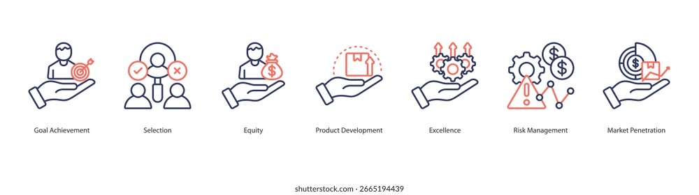 Competitive Advantage Icon Set vector goal achievement, selection, equity, product development, excellence, risk management, market penetration