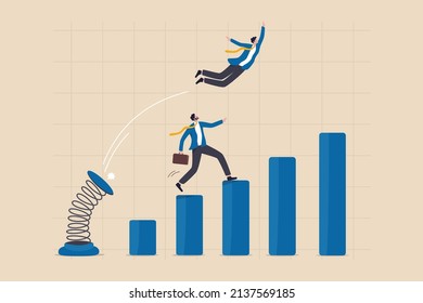 Competitive advantage or innovation to outsmart and overtake business winning, strategy or smart way to win business or career growth concept, businessman jumping springboard to outsmart competitor.