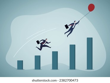 Competitive advantage or innovation to outsmart and overtake business winning, strategy or smart way to win business or career growth concept, A balloon taking businessman flying to higher target.