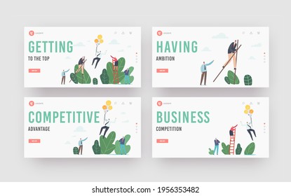 Conjunto de plantillas de la página de inicio de Ventajas Competitivas. Personajes de negocios caminando sobre inclinaciones, escaleras de subida y volando sobre globos. Competencia corporativa por el liderazgo. Ilustración de vectores de personas de caricatura