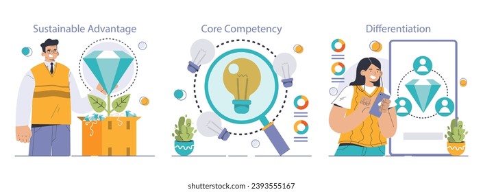 Competitive advantage set. Advertising and marketing business strategy. Brand recognition and market niche definition. Flat vector illustration