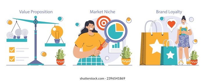 Competitive advantage set. Advertising and marketing business strategy. Brand recognition and market niche definition. Flat vector illustration