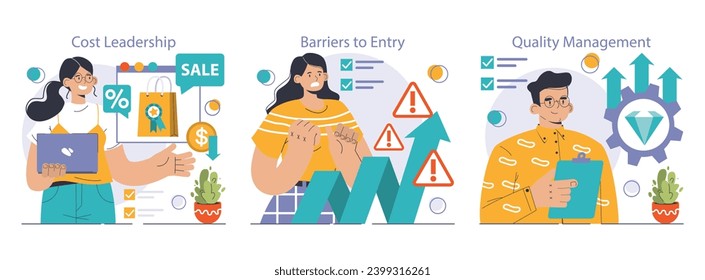 Competitive advantage set. Advertising and marketing business strategy. Brand recognition and market niche definition. Flat vector illustration