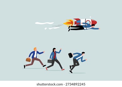 Competitive advantage to win business competition, innovation or winning strategy and success concept, smart entrepreneurs with rocket boosters lead the way to victory in business competition.