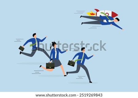 Competitive advantage to win business competition,  Intelligent entrepreneur with a boost from a rocket takes the lead in winning a business competition.