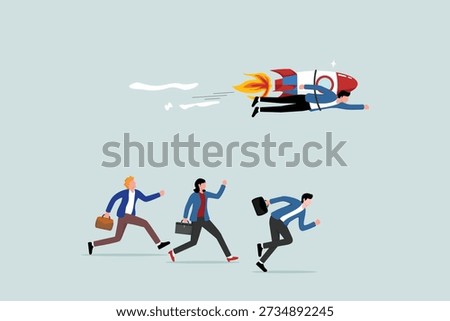 Competitive advantage to win business competition, innovation or winning strategy and success concept, smart entrepreneurs with rocket boosters lead the way to victory in business competition.