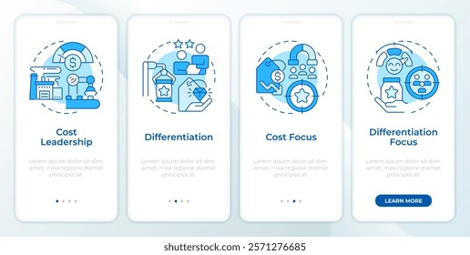 Competitive advantages blue onboardingmobile app screen. Walkthrough 4 steps editable graphic instructions with linear concepts. UI, UX, GUI template