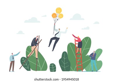 Competitive Advantages Concept. Business Characters Walking on Stilts, Climbing Ladder and Flying on Light Bulb Balloons. Corporate Competition for Leadership. Cartoon People Vector Illustration