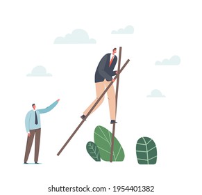 Competitive Advantages Concept. Businessman Character in Formal Wear Walking on Stilts. Concentrated Entrepreneur Escape Crisis or Difficult Situation in Business. Cartoon People Vector Illustration