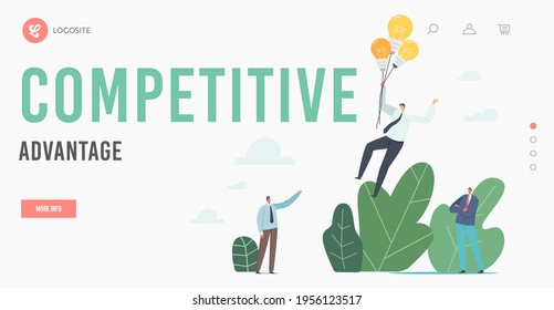 Competitive Advantages Landing Page Template. Office Worker Goal Achievement, Flight to Success, Business Characters Look on Businessman Flying on Bulbs Balloons. Cartoon People Vector Illustration