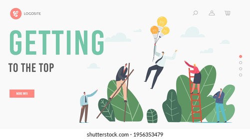 Competitive Advantages Landing Page Template. Business Characters Walking on Stilts, Climbing Ladder and Flying on Balloons. Corporate Competition for Leadership. Cartoon People Vector Illustration