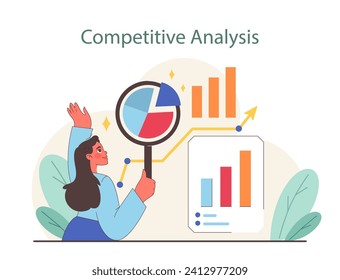 Competitive Analysis concept. A professional dives into market research with charts and graphs for strategic insight. Flat vector illustration.