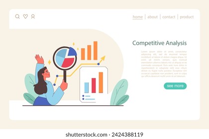 Competitive Analysis concept. A professional dives into market research with charts and graphs for strategic insight. Flat vector illustration.