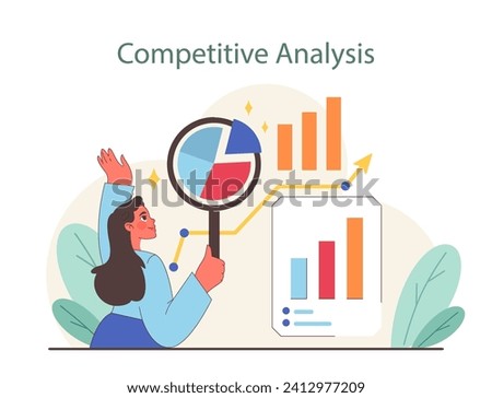 Competitive Analysis concept. A professional dives into market research with charts and graphs for strategic insight. Flat vector illustration.