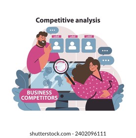 Competitive analysis concept. Professionals evaluating business competition, using data and strategic tools. Market intelligence and analysis framework. Flat vector illustration.