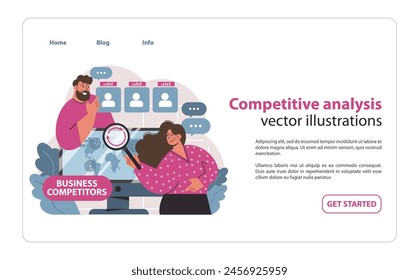 Competitive analysis concept. Professionals evaluating business competition, using data and strategic tools. Market intelligence and analysis framework. Flat vector illustration.