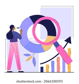 Competitive analysis concept. Woman research statistics to improve business. Employee looks at diagram and develops strategy to achieve competitive advantage and goal. Cartoon flat vector illustration