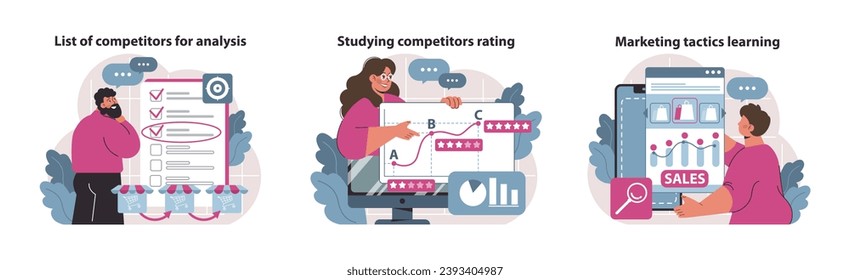 Competitive analysis series. Curated competitor checklist, in-depth rating studies, and marketing strategies learning. Strategic business insights set. Flat vector illustration.