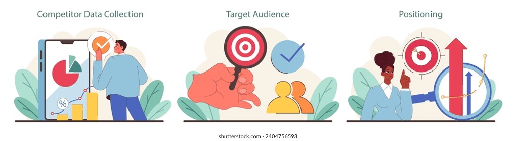 Competitive analysis set. Business strategy development process. Market research, audience identification, brand positioning. Flat vector illustration.