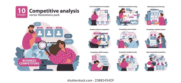 Competitive analysis set. Diverse business strategies and market research tactics. Strategic planning, market positioning, and customer insights discovery. Flat vector illustration.
