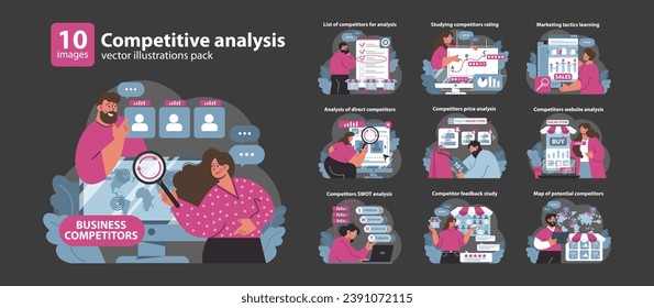 Competitive analysis set. Diverse business strategies and market research tactics. Strategic planning, market positioning, and customer insights discovery. Flat vector illustration.