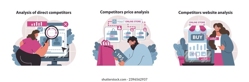 Competitive analysis trio set. Intense scrutiny of direct competitors, meticulous price benchmarking, and strategic website evaluations for business advantage. Flat vector illustration.