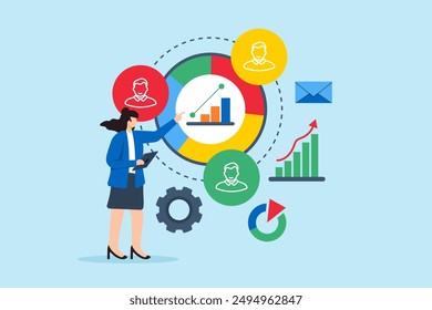 Competitive benchmarking, comparing business performance, industry analysis concept vector illustration. Analyst analyzing competitor data and trends