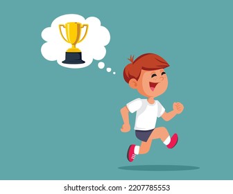 
Competitive Boy Running Thinking About Winning A Trophy Vector Cartoon. Little Child Feeling Motivated By Overachieving Racing For First Place
