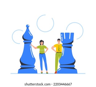 Competitive Business People Man And Woman Competing With Chess Pieces. Conflict And Opposition, Business Strategy, Victory in Battle Concept, Winning Success, Checkmate. Cartoon Vector Illustration