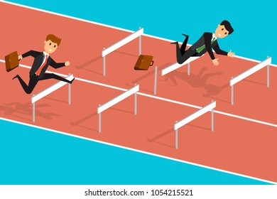 Competitive business people, business sharks. Vector illustration of man falling when leaping barrier on race track in competition with another businessman. Eps vector illustration, horizontal image, 