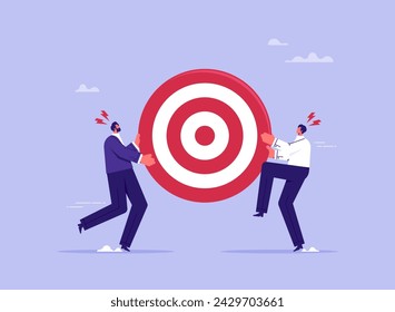 Competitive for business target concept, compete for customers, scramble for market share, two businessmen fighting for a dartboard target