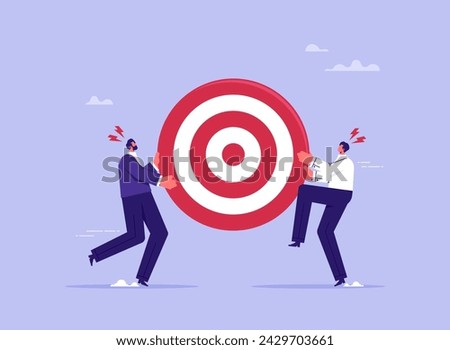 Competitive for business target concept, compete for customers, scramble for market share, two businessmen fighting for a dartboard target
