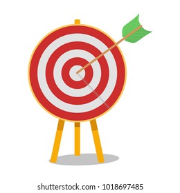 Competitive concept, archery. Strategy of success and achievement of the goal. Target with an arrow. Exactly at the target, right into the bull's eye. Modern, simple vector illustration.