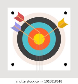 Competitive concept, archery. Strategy of success and achievement of the goal. Target with an arrow. Exactly at the target, right into the bull's eye. Modern, simple vector illustration.