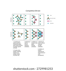 Competitive EIA test diagram showing antigen–antibody competition, enzyme-linked detection, positive and negative results, and inverse color–antigen relationship