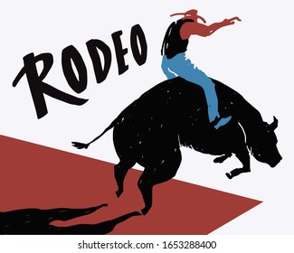 Competitive event in Rodeo. Rider. Cowboy and Buffalo. Poster style.