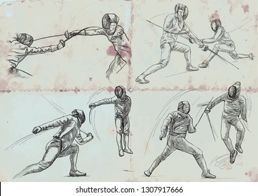 Competitive FENCING. Vector collection, pack. Two sportmen, athletes in a match. An hand drawn illustration. Freehand sketching, drawing of an sporting event.