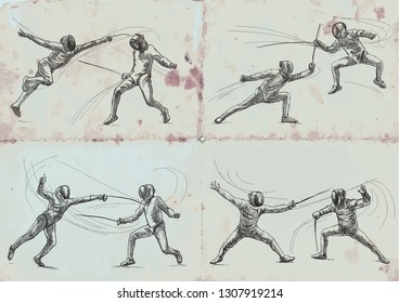 Competitive FENCING. Vector collection, pack. Two sportmen, athletes in a match. An hand drawn illustration. Freehand sketching, drawing of an sporting event.
