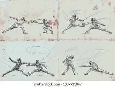 Competitive FENCING. Vector collection, pack. Two sportmen, athletes in a match. An hand drawn illustration. Freehand sketching, drawing of an sporting event.